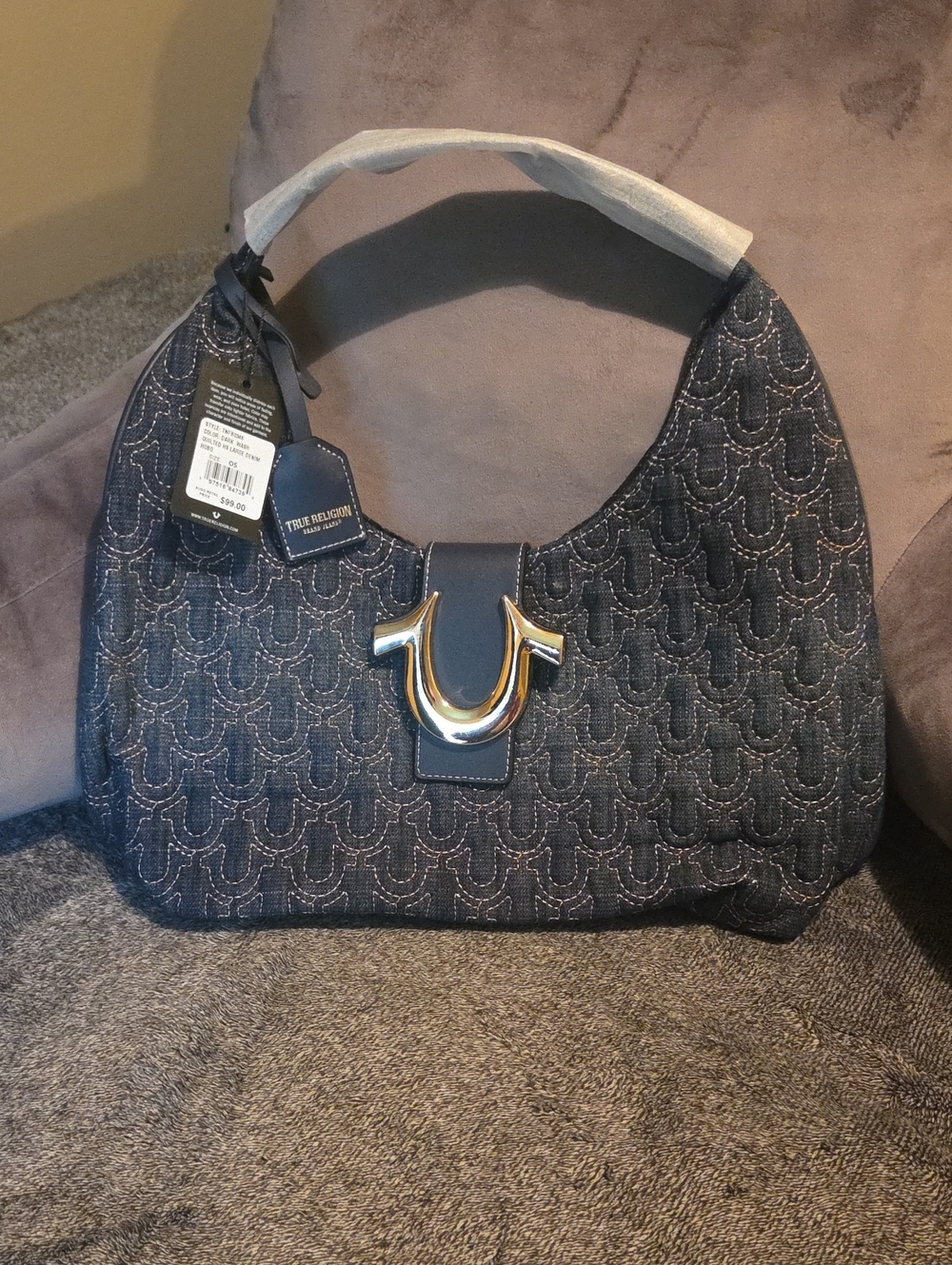 True Religion Denim Hobo Bag in Dark Blue with Silver Hardware